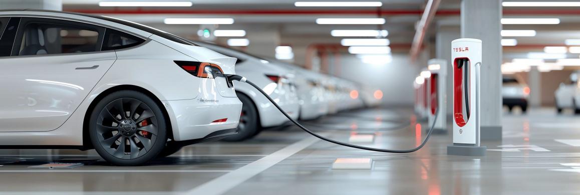 Moderne Elektroautos laden in einer Garage.